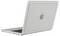 Smukły, otwarty srebrny laptop z logo Apple na tylnej części, wyświetlany pod kątem z boku, prezentujący swoją cienką sylwetkę.