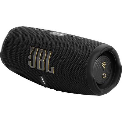 Czarny przenośny głośnik bezprzewodowy z pomarańczowym logo 'JBL'. Głośnik posiada przyciski sterujące na górnej powierzchni i teksturowaną obudowę.