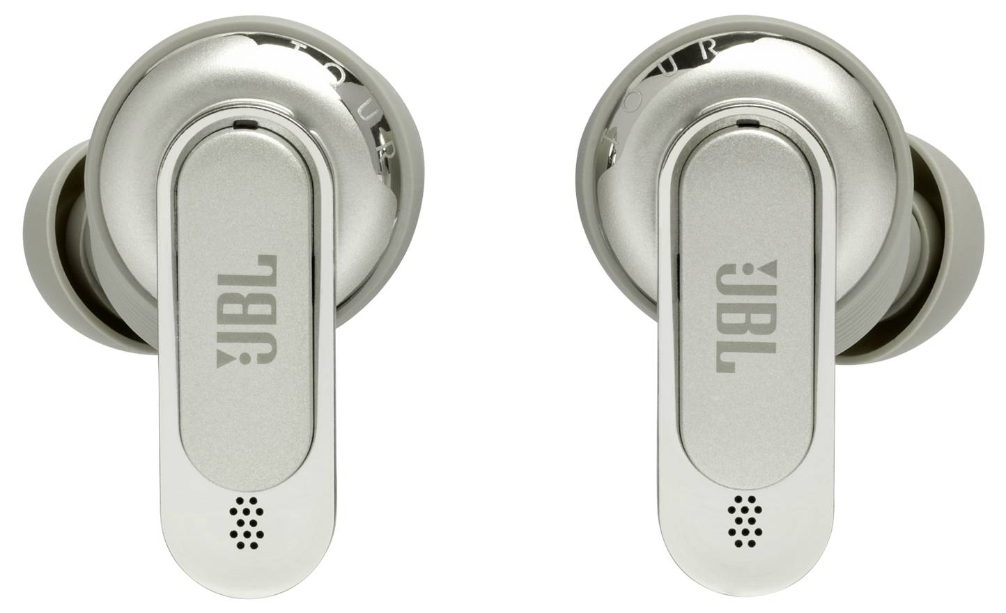 Srebrne bezprzewodowe słuchawki douszne z logo marki, charakteryzujące się eleganckiej konstrukcji oraz małymi otworami mikrofonowymi na każdej słuchawce.