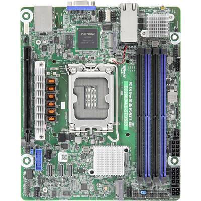 Zielona płyta główna komputera z wieloma elementami elektronicznymi, w tym gniazdem procesora CPU, slotami pamięci RAM, slotami PCIe oraz różnymi złączami.