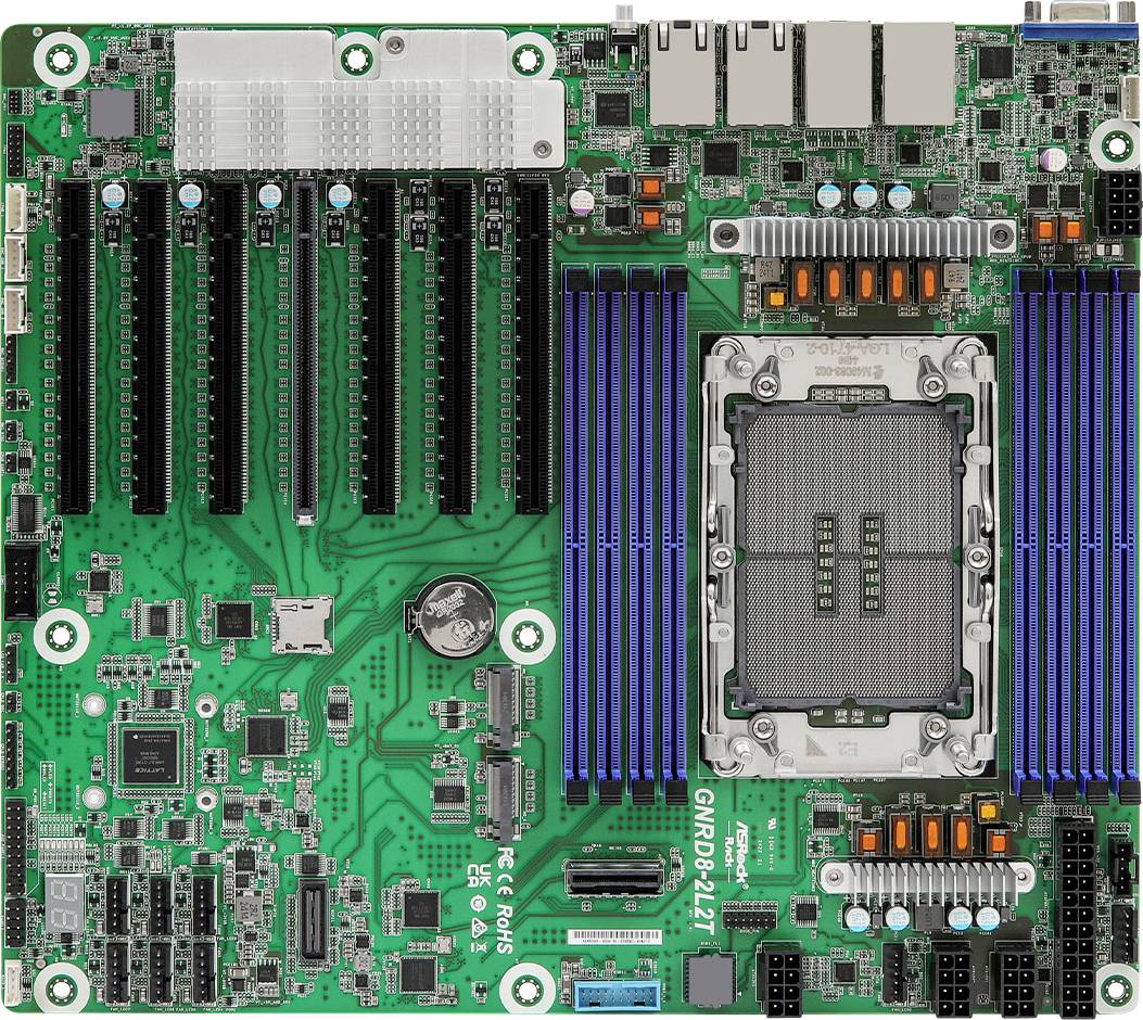 Płyta główna komputera wyposażona w liczne złącza PCIe, sloty pamięci RAM oraz duży socket procesora, zaprojektowana do realizacji wysoce wydajnych zadań obliczeniowych.