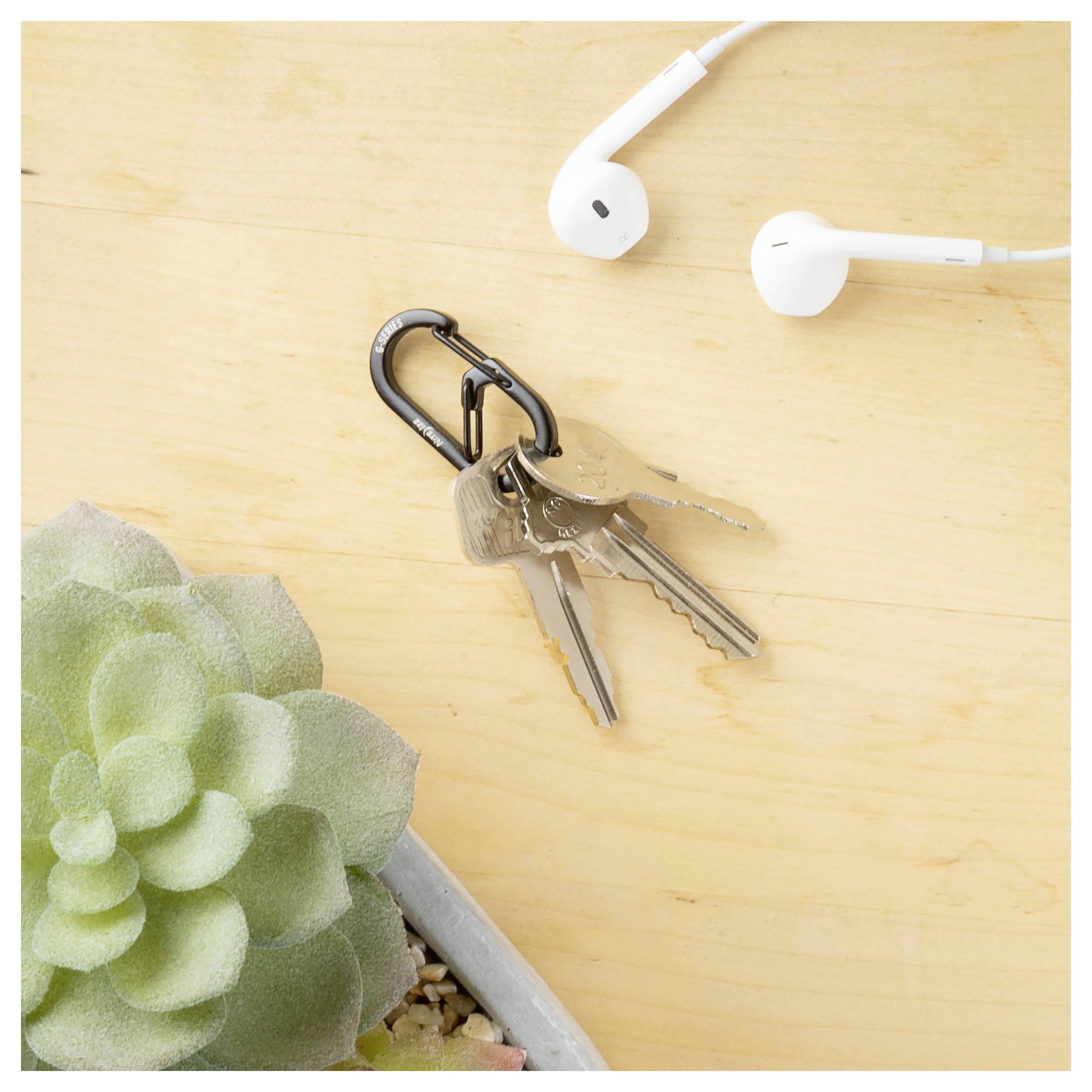 Brelok z kilkoma kluczami leży na drewnianej powierzchni obok białych słuchawek i zielonego sukulenta w doniczce.