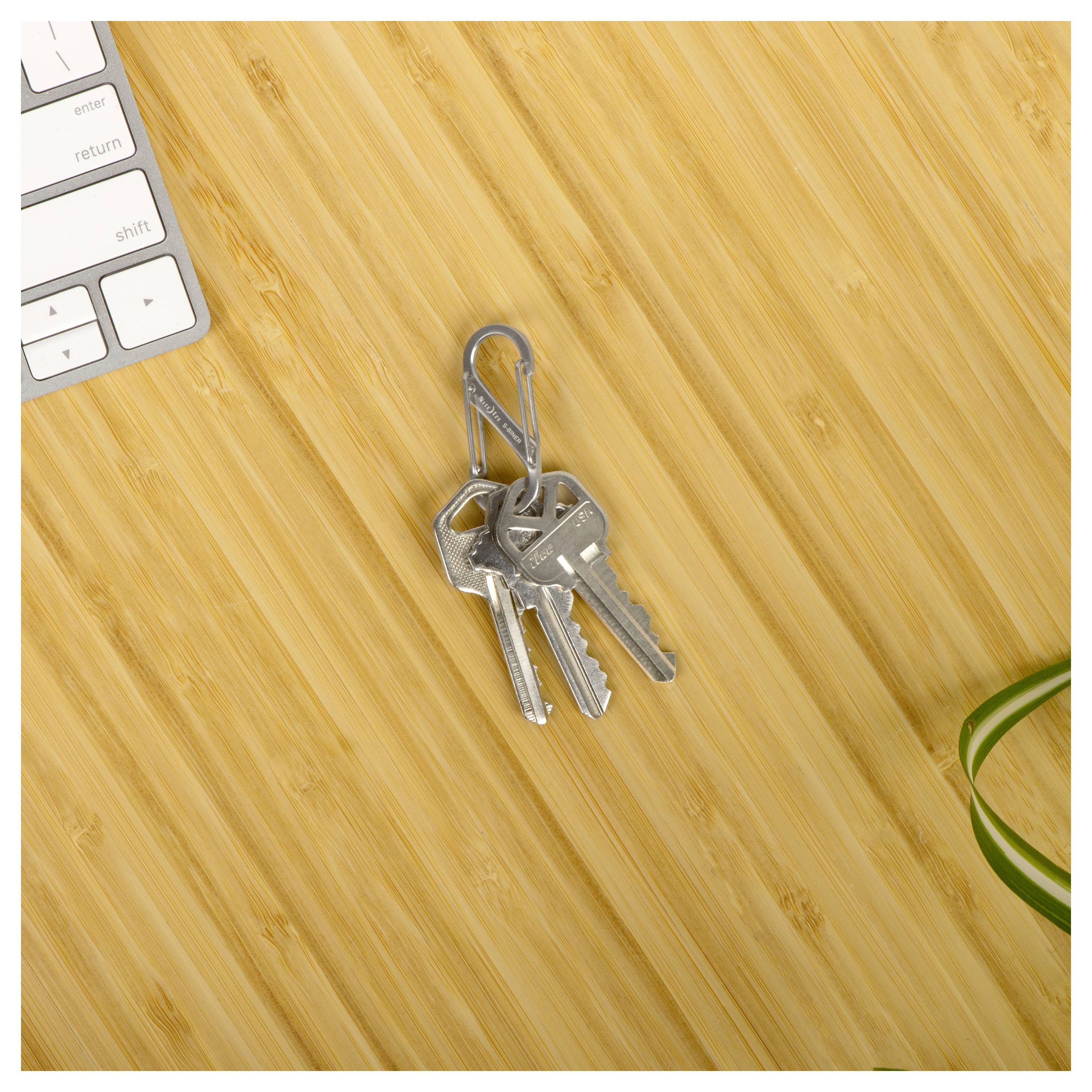 Zestaw pięciu srebrnych kluczy na drewnianym biurku obok częściowego widoku klawiatury komputera i zielonej rośliny.