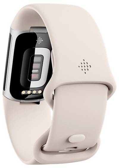 Beżowy tracker fitness z czujnikiem tętna, zamocowany na pasku, prezentujący swój smukły design i zaawansowane funkcje technologiczne.