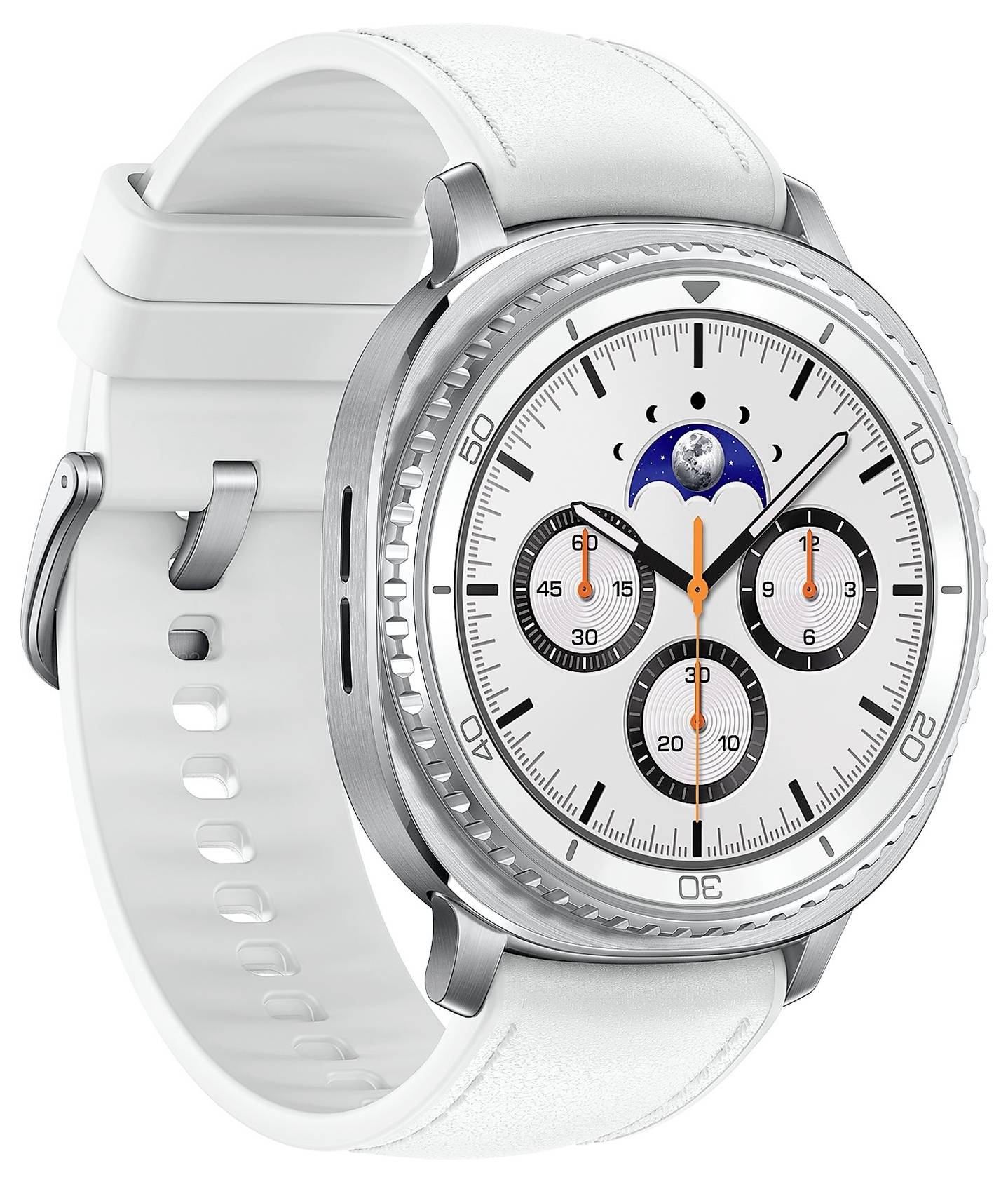 Biały i srebrny smartwatch wyświetlający analogowy styl tarczy zegarka z czterema subdialami, wskaźnikiem faz księżyca i znacznikami minut.