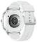 Widok z tyłu białego smartwatcha z srebrną klamrą, z czujnikami tętna i okrągłą stylistyką, prezentujący szczegóły techniczne modelu.