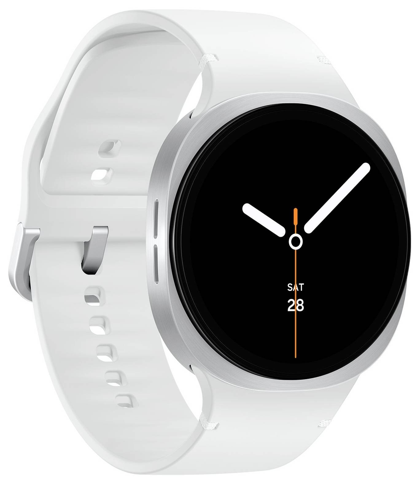 Smukły smartwatch z białym paskiem wyświetlający czas w stylu analogowym z minimalistycznymi wskaźnikami godzin oraz datą 'SOB 28'.