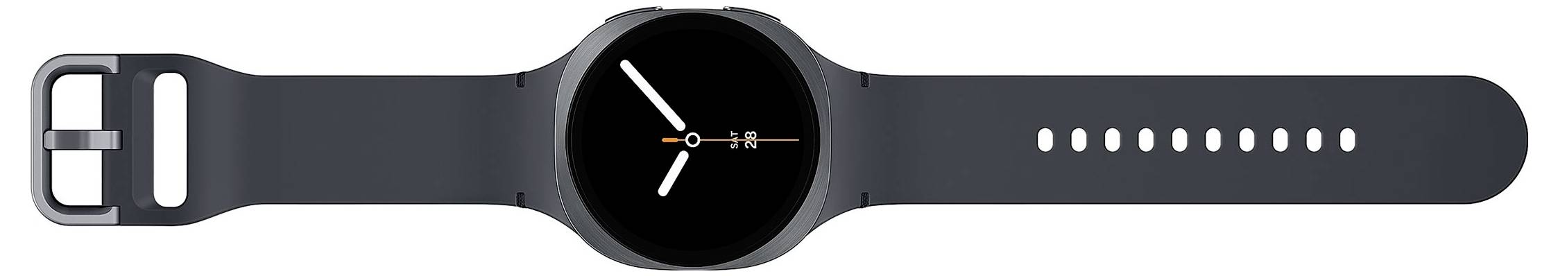 Smukły czarny smartwatch z okrągłą tarczą przedstawiającą uproszczone wskazówki zegara. Pasek jest rozłożony płasko, ukazujący liczne otwory regulacyjne.