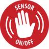 Czerwona ikona w kształcie koła z symbolem dłoni, wskazująca funkcję 'Włączenia/Wyłączenia Czujnika'. Faliste linie sugerują sygnały czujnika lub aktywacji.