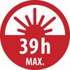 Czerwono-biała ikona z wschodem słońca nad horyzontem, wyświetlająca napis '39h MAX.' poniżej, wskazująca maksymalny limit czasu wynoszący 39 godzin.