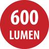 Czerwony okrąg wyświetla '600 LUMENÓW' pogrubioną białą czcionką, wskazując poziom jasności światła.