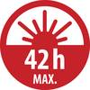 Czerwone koło z wystualizowanym słońcem i napisem '42h MAX.', wskazujące na maksymalny czas trwania wynoszący 42 godziny.