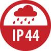 Ikona 'IP44' pokazująca ochronę przed przedmiotami stałymi o wielkości powyżej 1 mm oraz bryzgami wody z dowolnego kierunku, przedstawiona przez chmurę deszczową.