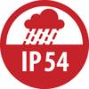 Czerwone kółko z ikoną chmury i deszczu powyżej tekstu 'IP 54', wskazujące na certyfikację odporności na wodę i pył.