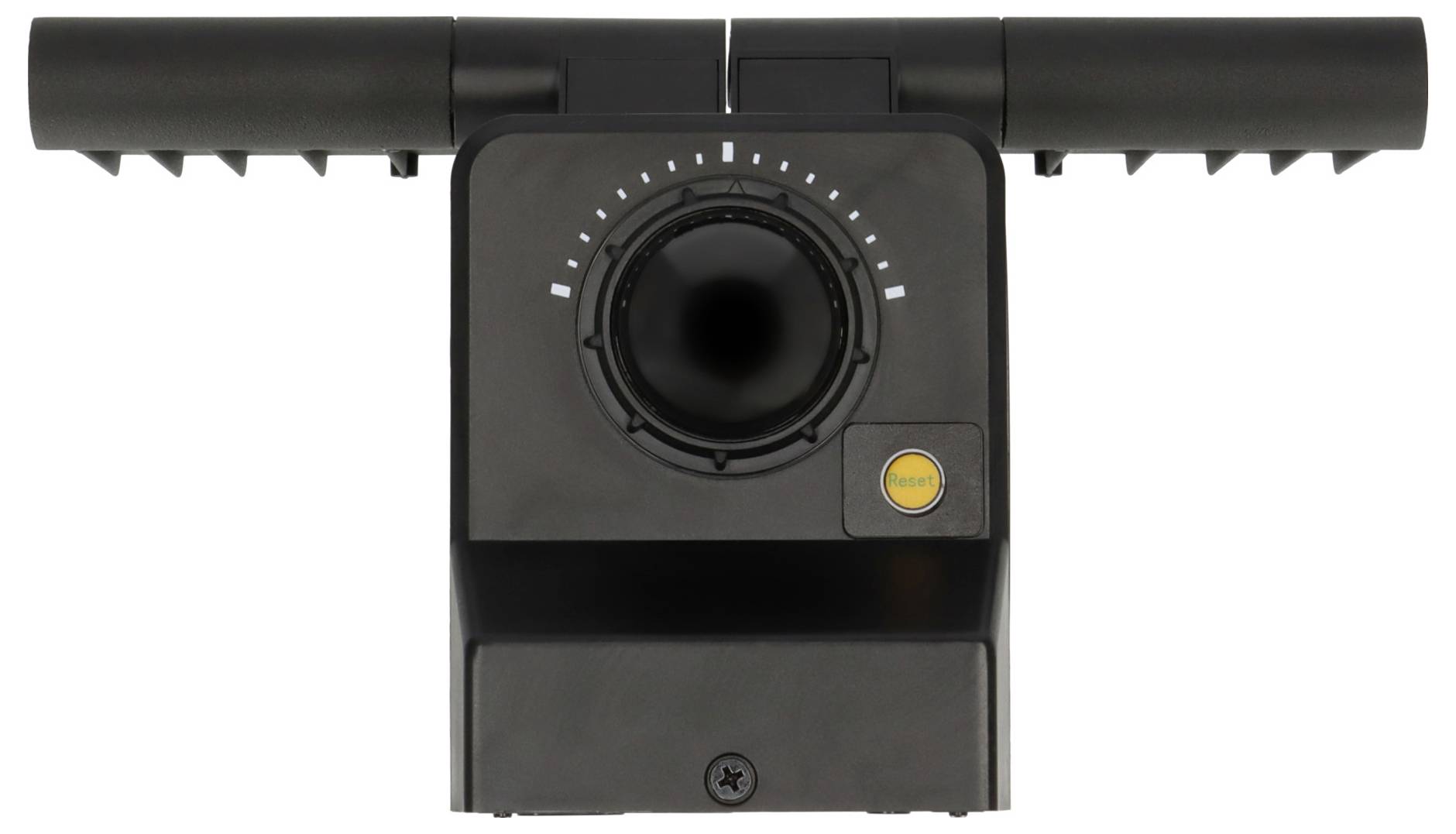 Czarny przyrząd z podwójnymi antenami rozciąga się poziomo. Na przednim panelu znajduje się centralny pokrętło oraz przycisk oznaczony napisem 'Reset'.