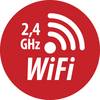 Czerwona ikona w kształcie koła z białym tekstem i symbolem Wi-Fi, wskazująca na '2,4 GHz WiFi'.
