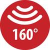 Czerwone koło z białą ikoną fali dźwiękowej i tekstem '160°', wskazujące na funkcję 160-stopniową.