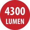 Czerwone koło przedstawia tekst '4300 LUMEN', wskazujący poziom jasności.