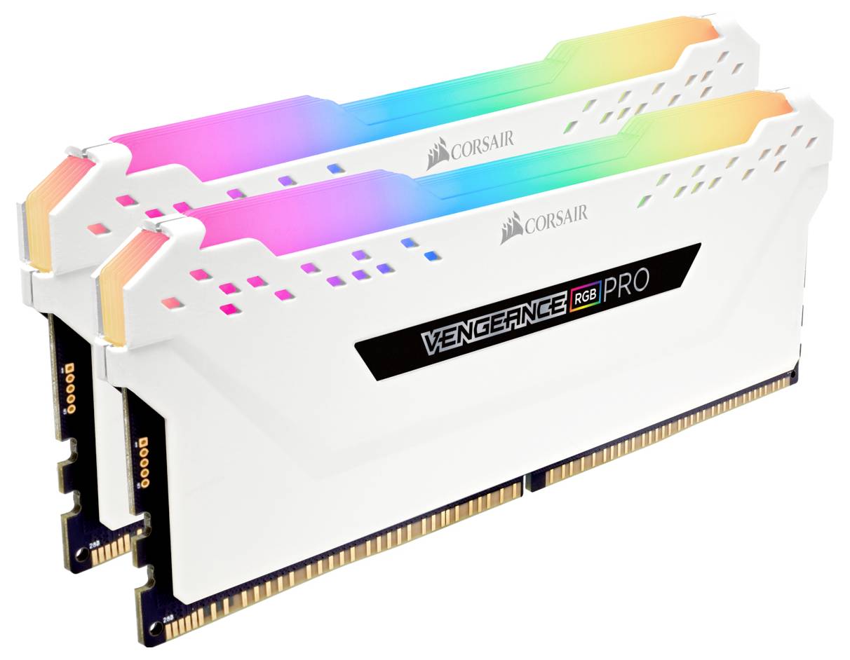Dwie białe kości pamięci RAM Corsair Vengeance RGB Pro z kolorowymi diodami LED wzdłuż górnej krawędzi.