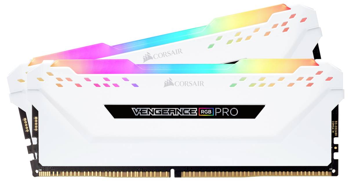 Dwa moduły pamięci RAM Corsair Vengeance RGB Pro z białymi osłonami cieplnymi i konfigurowalnym podświetleniem RGB, prezentujące żywe kolory.