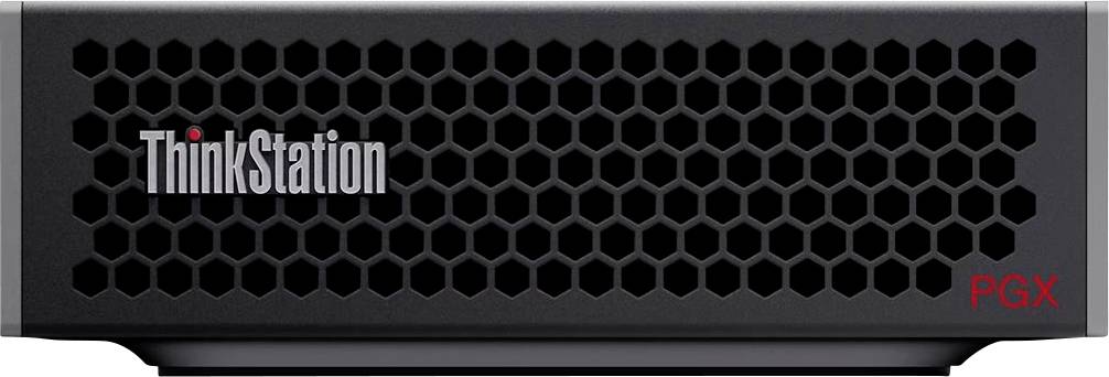 Widok z przodu komputera Lenovo ThinkStation PGX z kratką wentylacyjną w kształcie plastra miodu, wyświetlający logo 'ThinkStation' oraz identyfikator modelu.