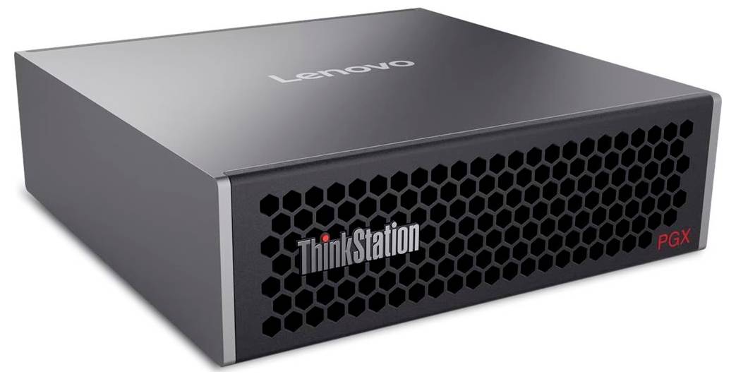Komputer Lenovo ThinkStation PGX, charakteryzujący się smukłą czarną obudową z przednią kratką w kształcie plastra miodu oraz oznakowaniem na górnej i przedniej części.