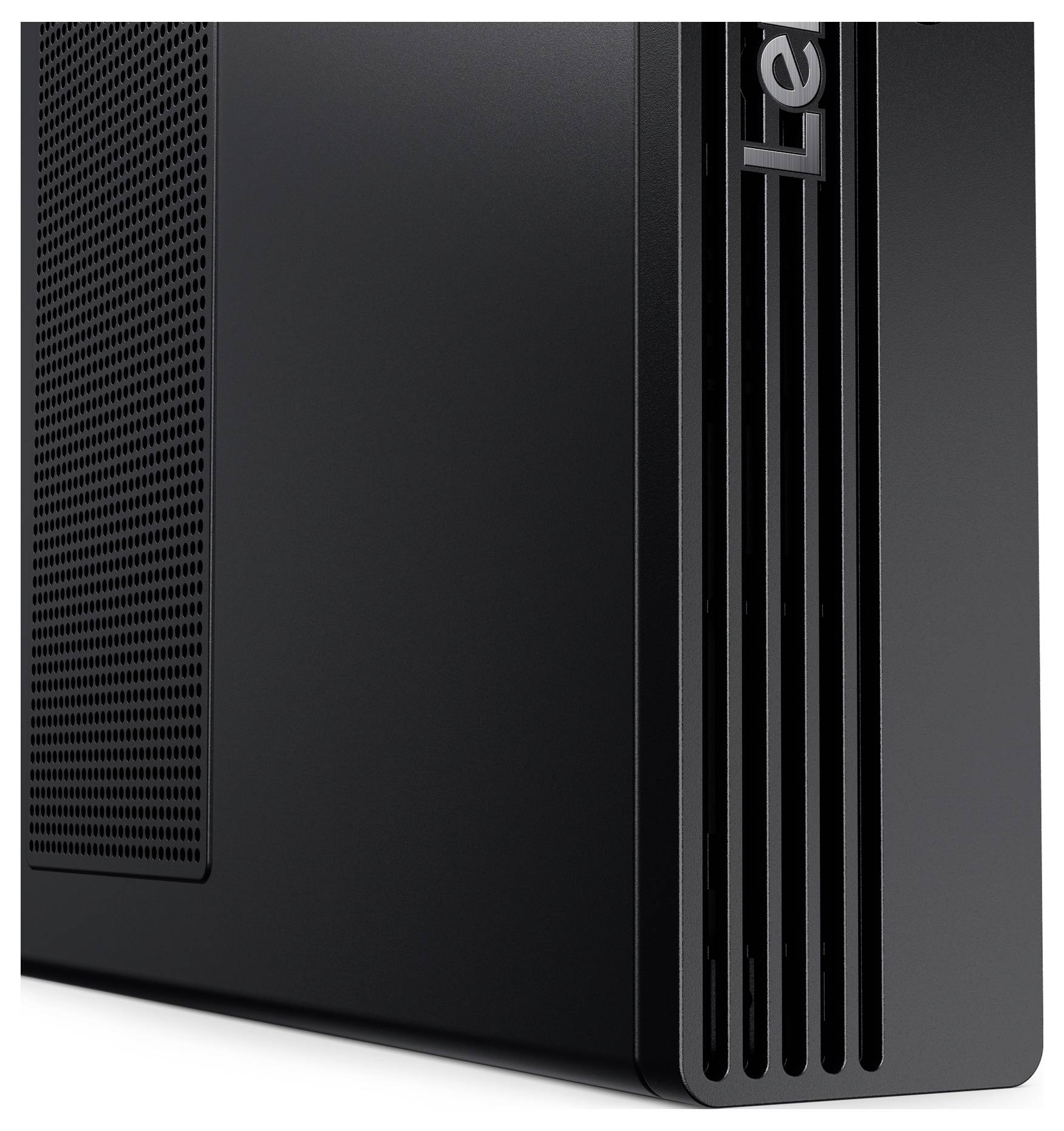 Zbliżenie czarnej stacji dysków komputerowych z pionowymi otworami wentylacyjnymi i częściowo widocznym logo marki na boku.