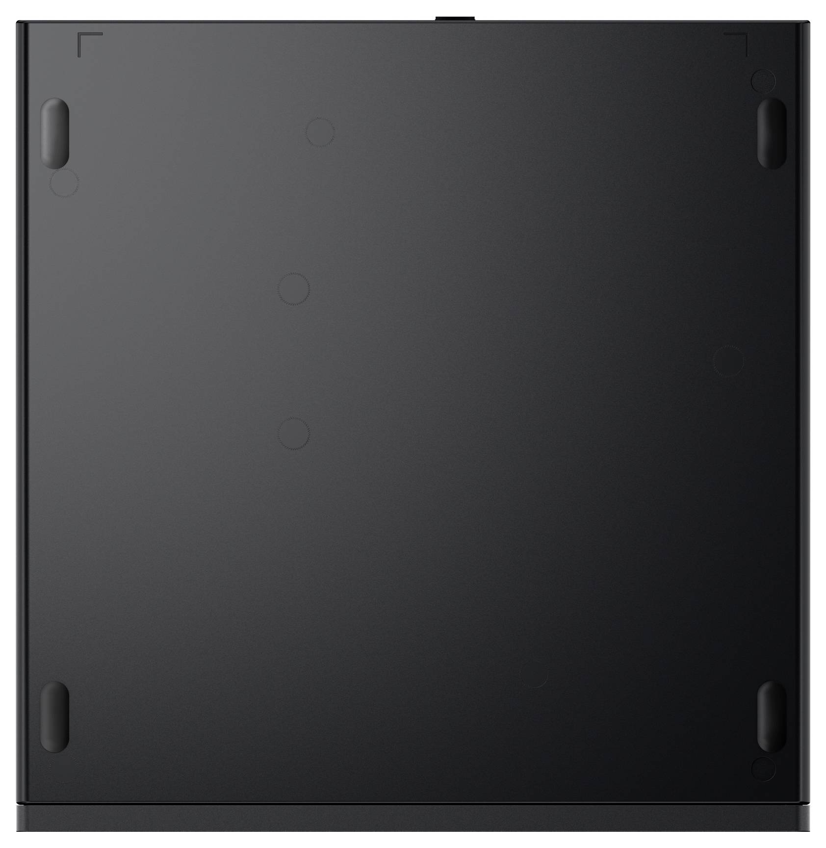 Czarny, kwadratowy elektroniczny przyrząd o gładkiej, matowej powierzchni, z czterema małymi gumowymi stopkami w narożnikach, prawdopodobnie od spodu jakiegoś urządzenia.