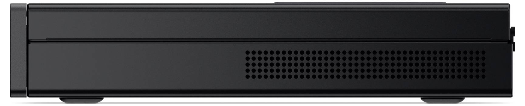 Czarny poziomy urządzenie elektroniczne z wentylacją po bokach, prawdopodobnie komputer lub komponent multimedialny.