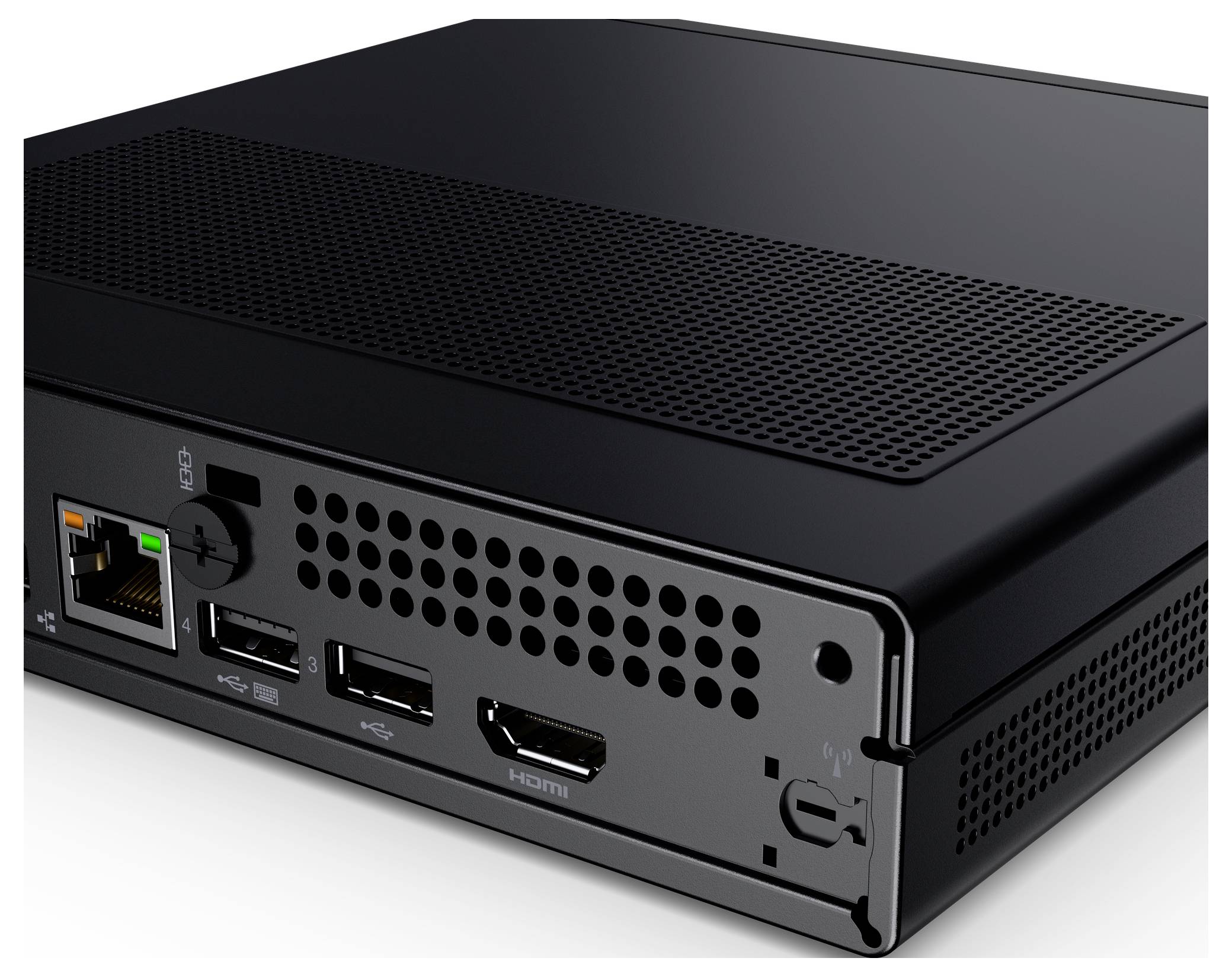 Czarny kompaktowy komputer z portami, w tym Ethernet, dwa DisplayPort oraz HDMI z tyłu. Odpowiedni do centrów multimedialnych lub biur.
