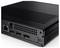 Czarny kompaktowy komputer z portami, w tym Ethernet, dwa DisplayPort oraz HDMI z tyłu. Odpowiedni do centrów multimedialnych lub biur.