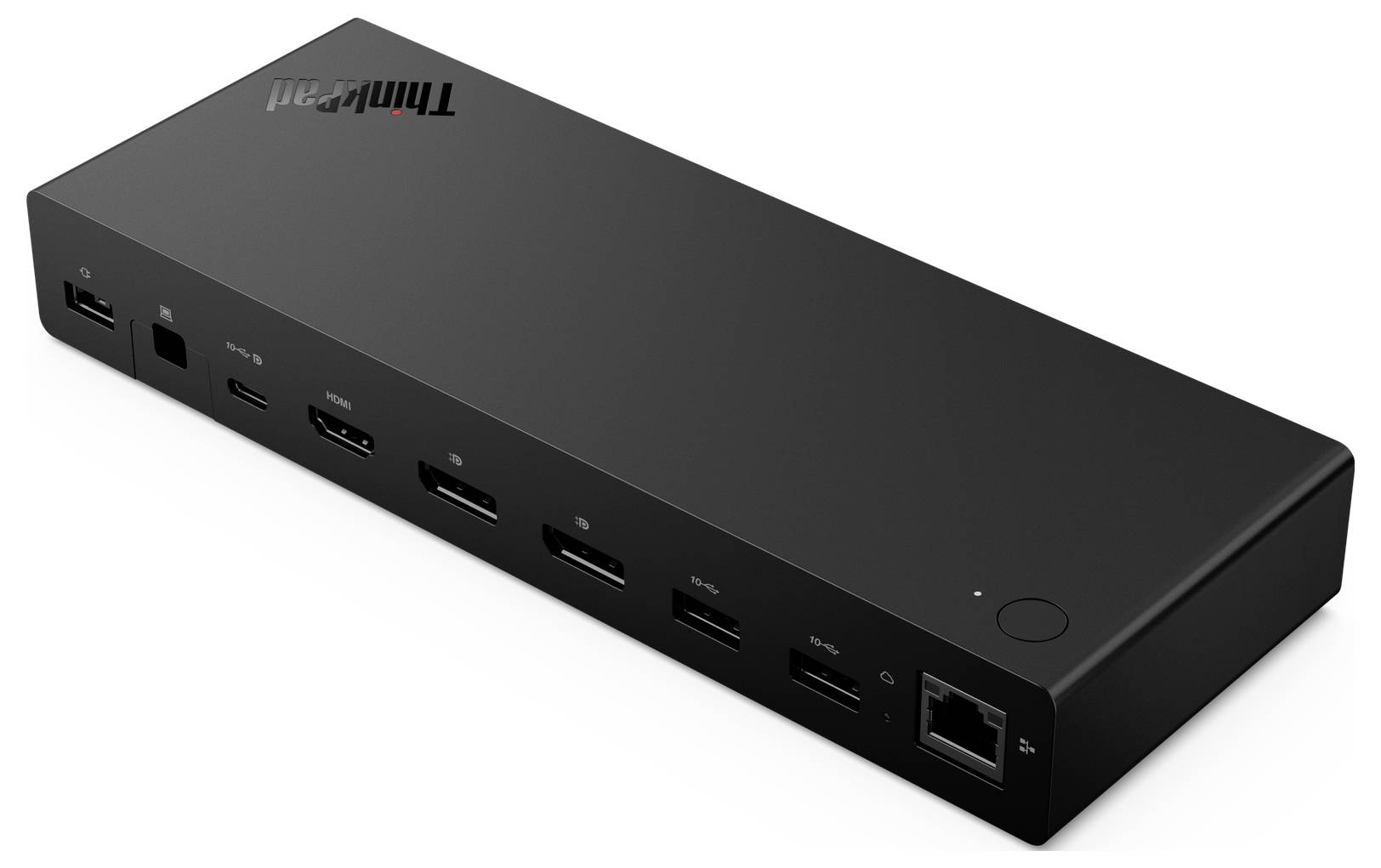Czarna stacja dokująca Lenovo ThinkPad z wieloma portami, w tym USB, HDMI i Ethernet, zaprojektowana do podłączania różnych urządzeń.
