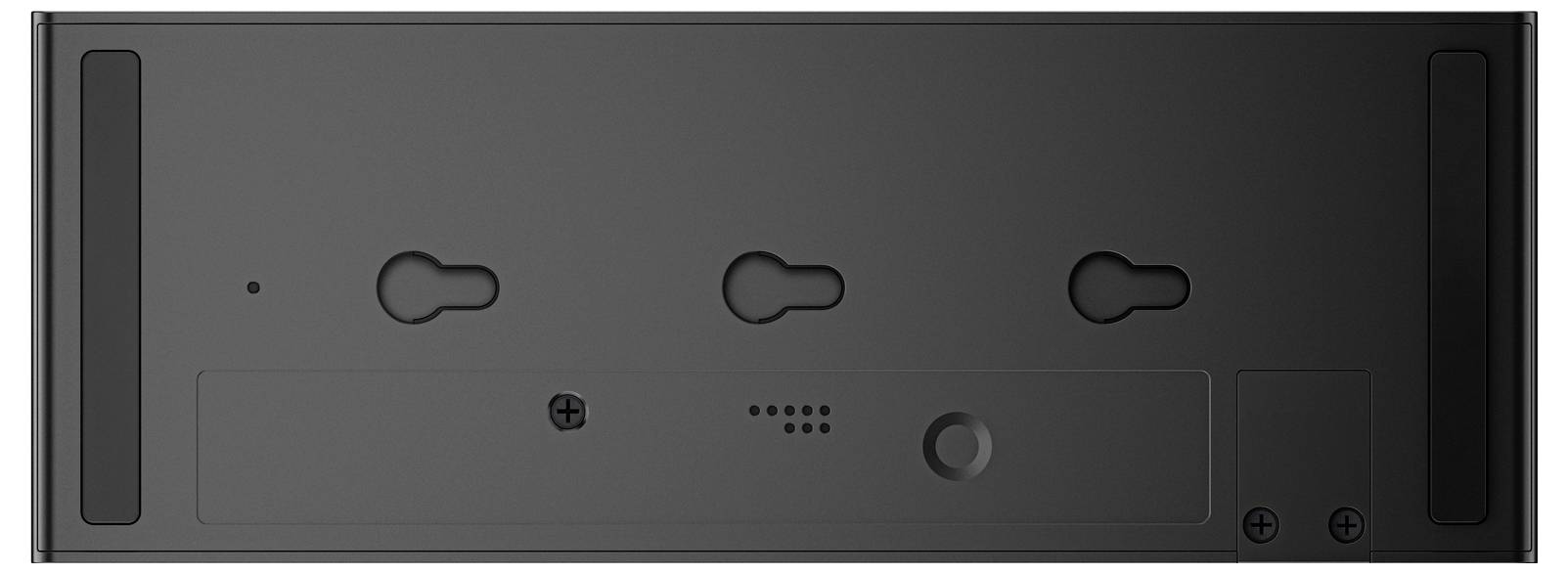 Czarny prostokątny panel z trzema otworami kluczowymi ułożonymi poziomo i oznaczonym przyciskiem poniżej nich; minimalistyczny design.