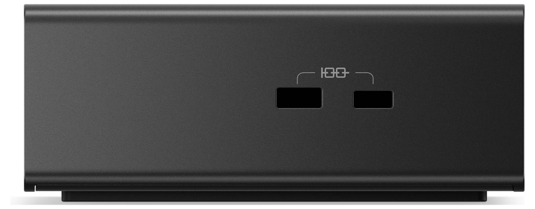 Czarny prostokątny elektroniczny przyrząd z dwoma portami USB, symbolem zasilania i minimalistycznym wzornictwem.