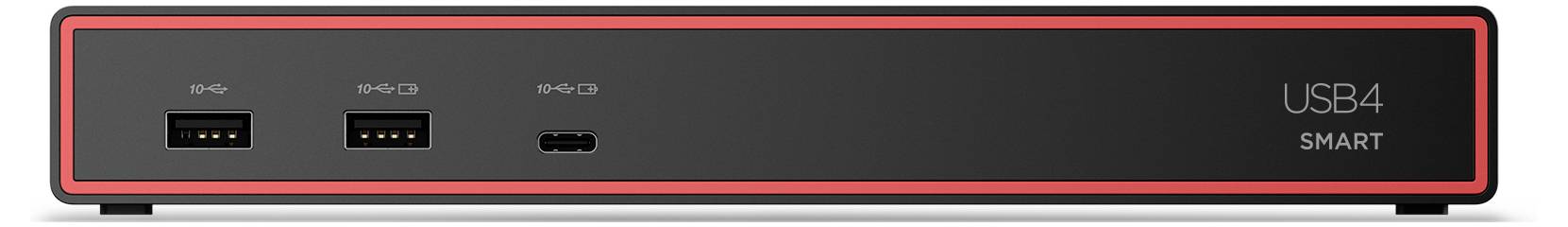 Czarny hub USB z czerwoną obwódką, oznaczony napisem 'USB4 SMART', wyposażony w trzy porty na przedniej ściance.