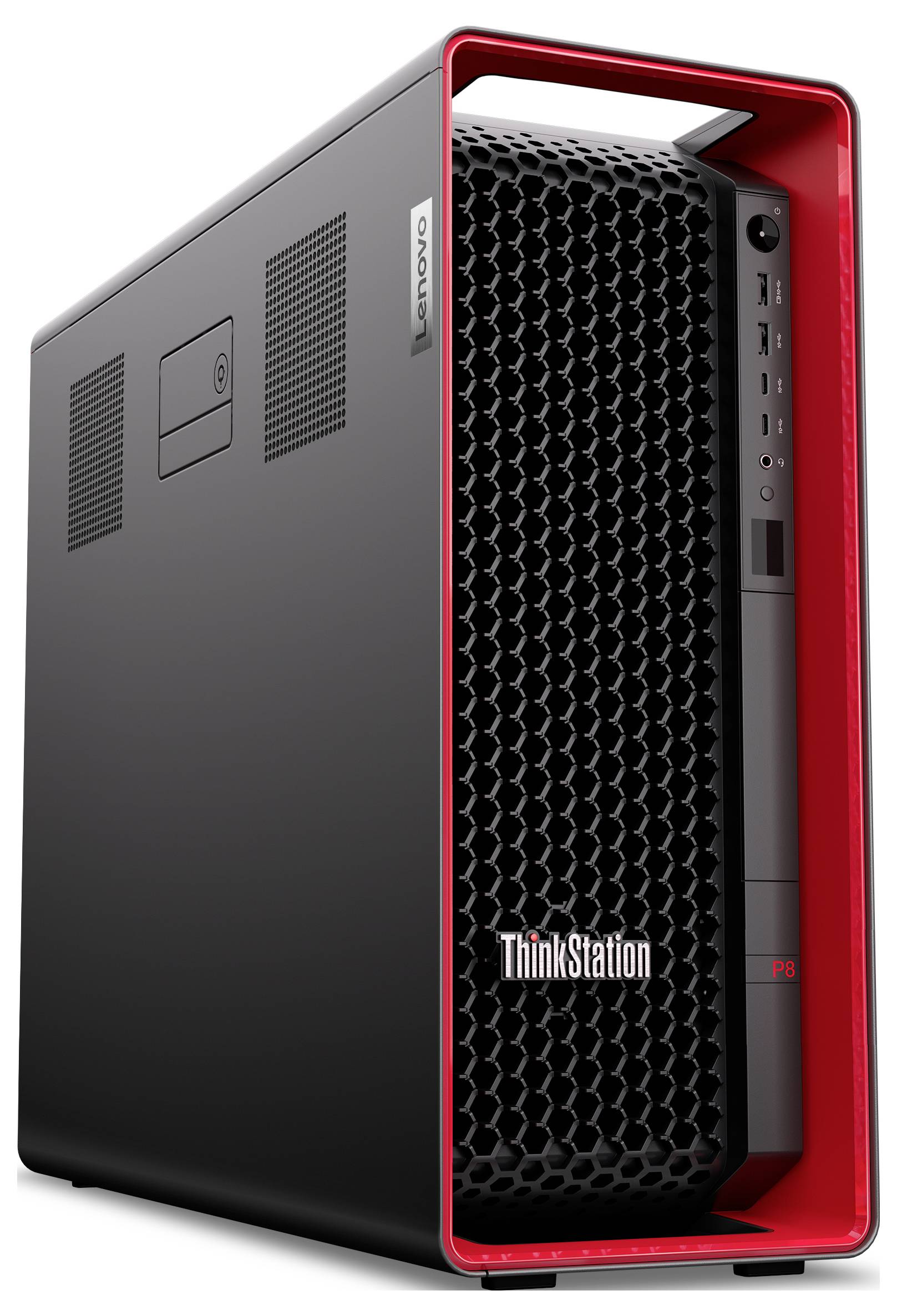 Czarno-czerwona stacja robocza Lenovo ThinkStation z designem przedniej ścianki w kształcie plastra miodu, prezentująca różne porty i przycisk zasilania po prawej stronie.