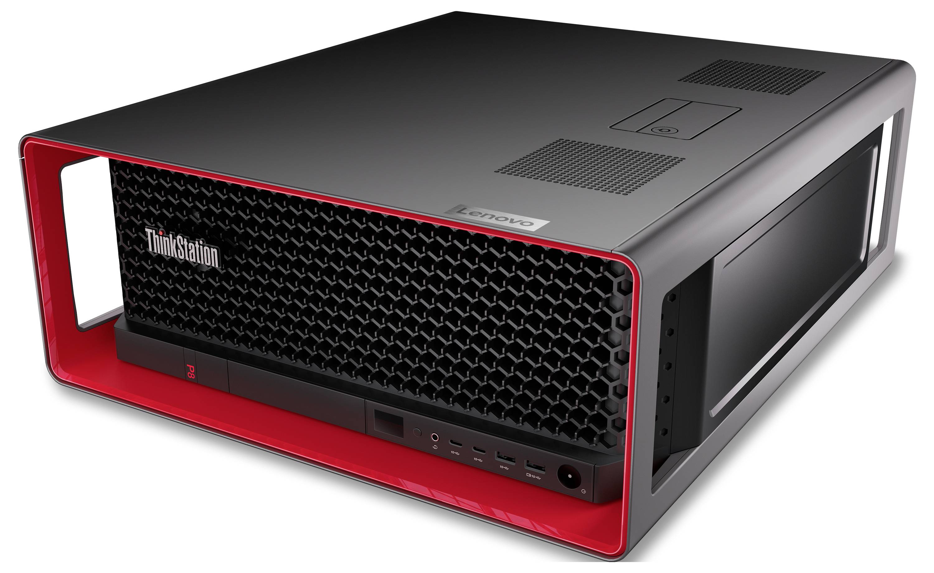 Komputer stacjonarny Lenovo ThinkStation z czerwonym akcentem i panelem przednim w kształcie plastra miodu, leżący poziomo na boku.