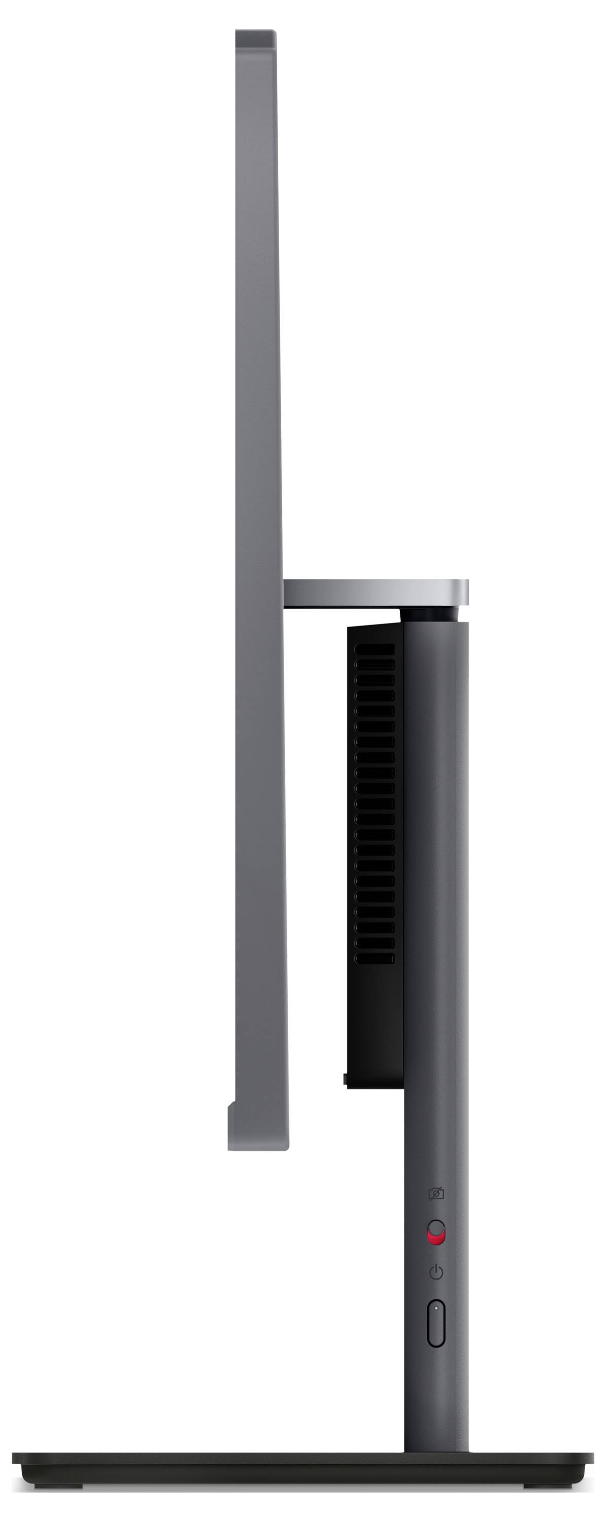 Widok z boku szczupłego, nowoczesnego monitora komputerowego z okrągłą podstawą i widocznymi przyciskami sterującymi po stronie.