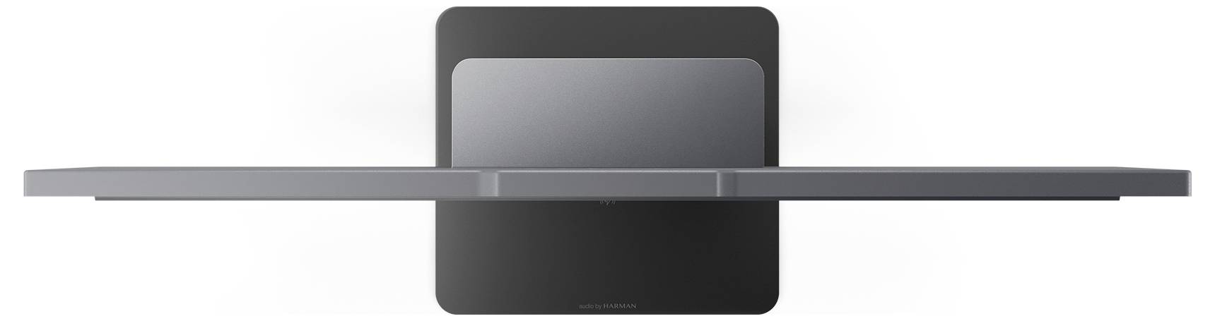 Smukły, nowoczesny uchwyt ścienny do telewizora o minimalistycznym designie w matowej czerni i srebrze, widziany z boku, prezentujący jego wąski profil.