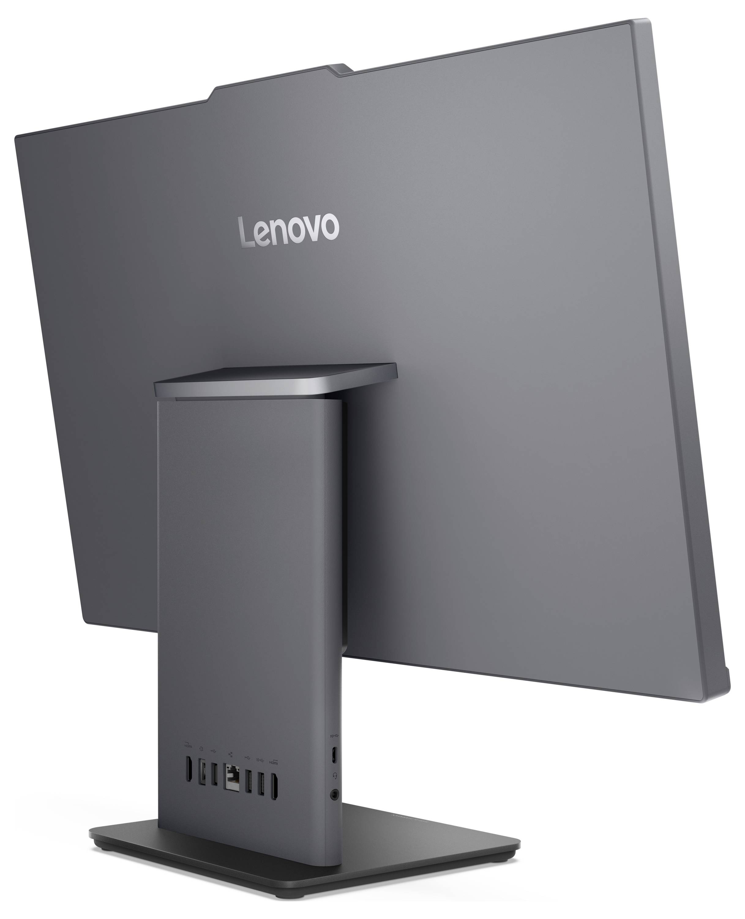 Widok z tyłu monitora Lenovo na podstawce, z widocznymi portami łączności u podstawy. Ekran jest pusty i lekko pochylony.