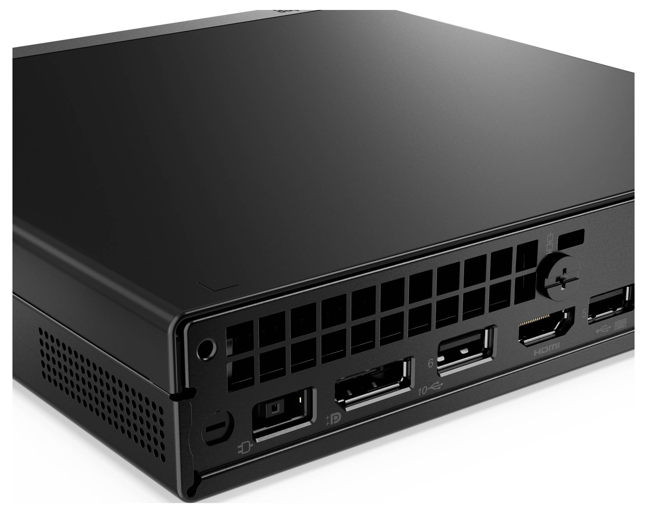 Czarny elektroniczny sprzęt z wieloma portami, w tym HDMI i USB, jest widoczny. Wygląda na element konsoli do gier lub systemu komputerowego.