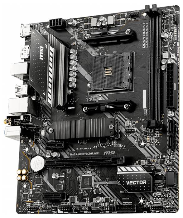 Zdjęcie przedstawia szczegółowy widok płyty głównej komputera, prezentujący różne sloty, złącza i układy scalone, oznaczone logo marki 'MSI'.