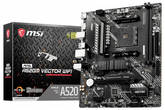 Płyta główna oznaczona etykietą 'MSI MAG A520M VECTOR WIFI' stoi obok swojego opakowania. Pudełko podkreśla najważniejsze cechy, w tym obsługę procesorów AMD.