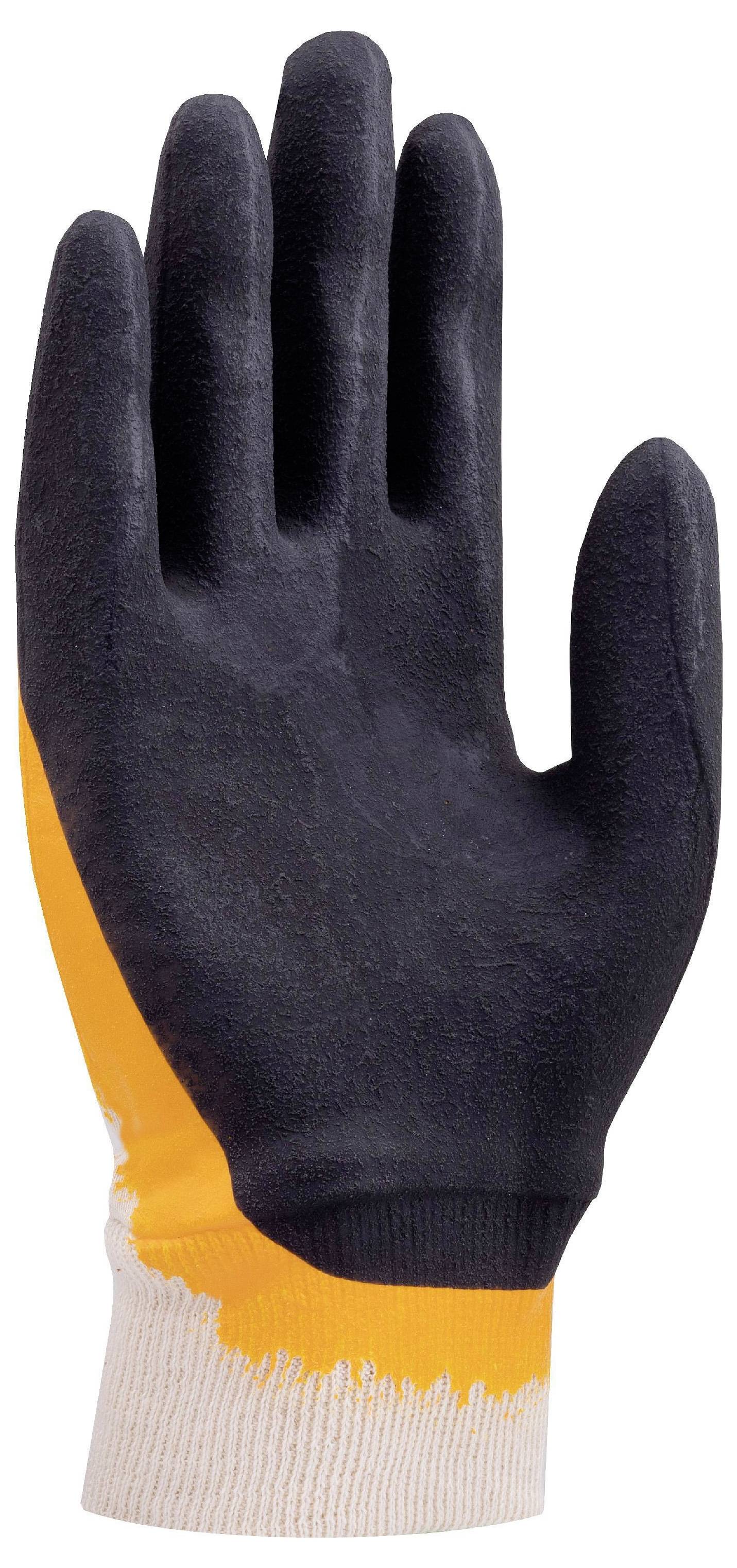 Pojedyncza rękawica robocza w kolorze czarnym i pomarańczowym z białą mankietówką, ustawiona pionowo, zwrócona dłonią do przodu.