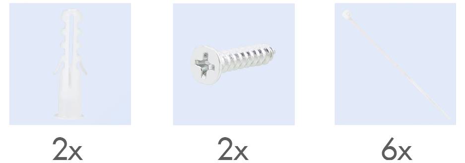 Zdjęcie przedstawiające trzy rodzaje elementów sprzętowych. Od lewej do prawej: dwa plastikowe kołki rozporowe, dwie metalowe śruby z gwiazdkowymi łebkami oraz sześć opasek kablowych.