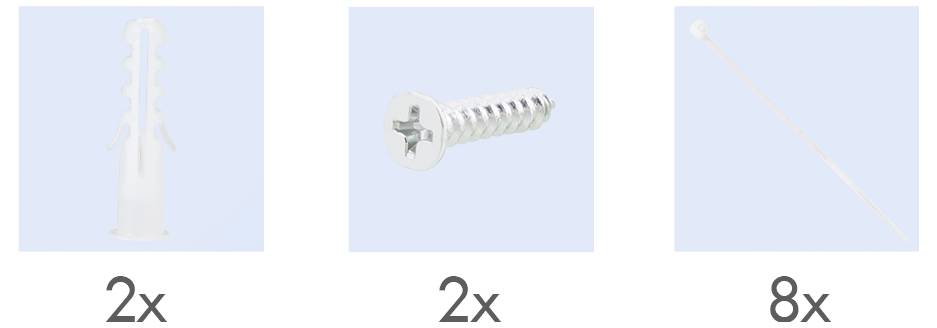 Zawiera 2 kołki rozporowe, 2 śruby i 8 opasek kablowych.