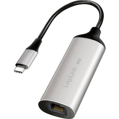 Adapter USB-C do Ethernet z metalicznym wykończeniem, oznaczony etykietą 'LogiLink', służący do podłączania urządzeń do sieci przewodowej.