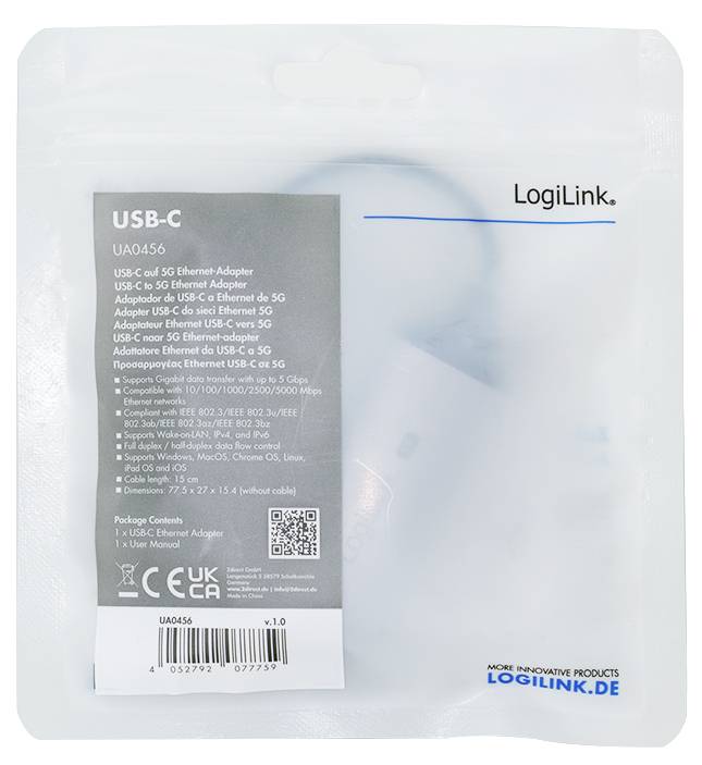 Opakowanie prezentuje adapter LogiLink USB-C do Ethernet 5G o numerze modelu UA0456, podkreślając jego funkcje i szczegóły kompatybilności.
