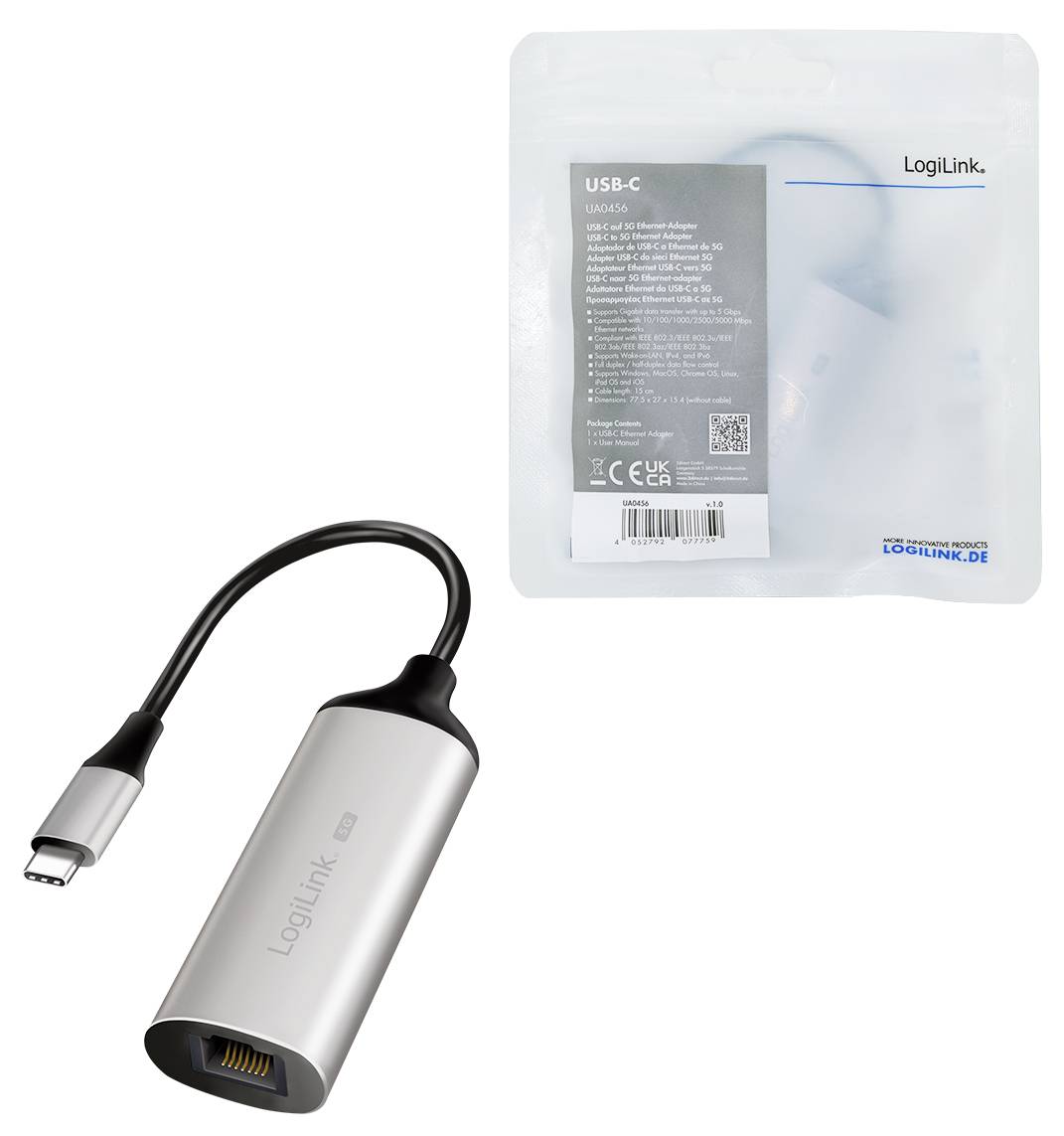 Adapter USB-C do Ethernet firmy LogiLink z elastycznym przewodem i metalicznym wykończeniem, przedstawiony obok opakowania z charakterystyką produktu.