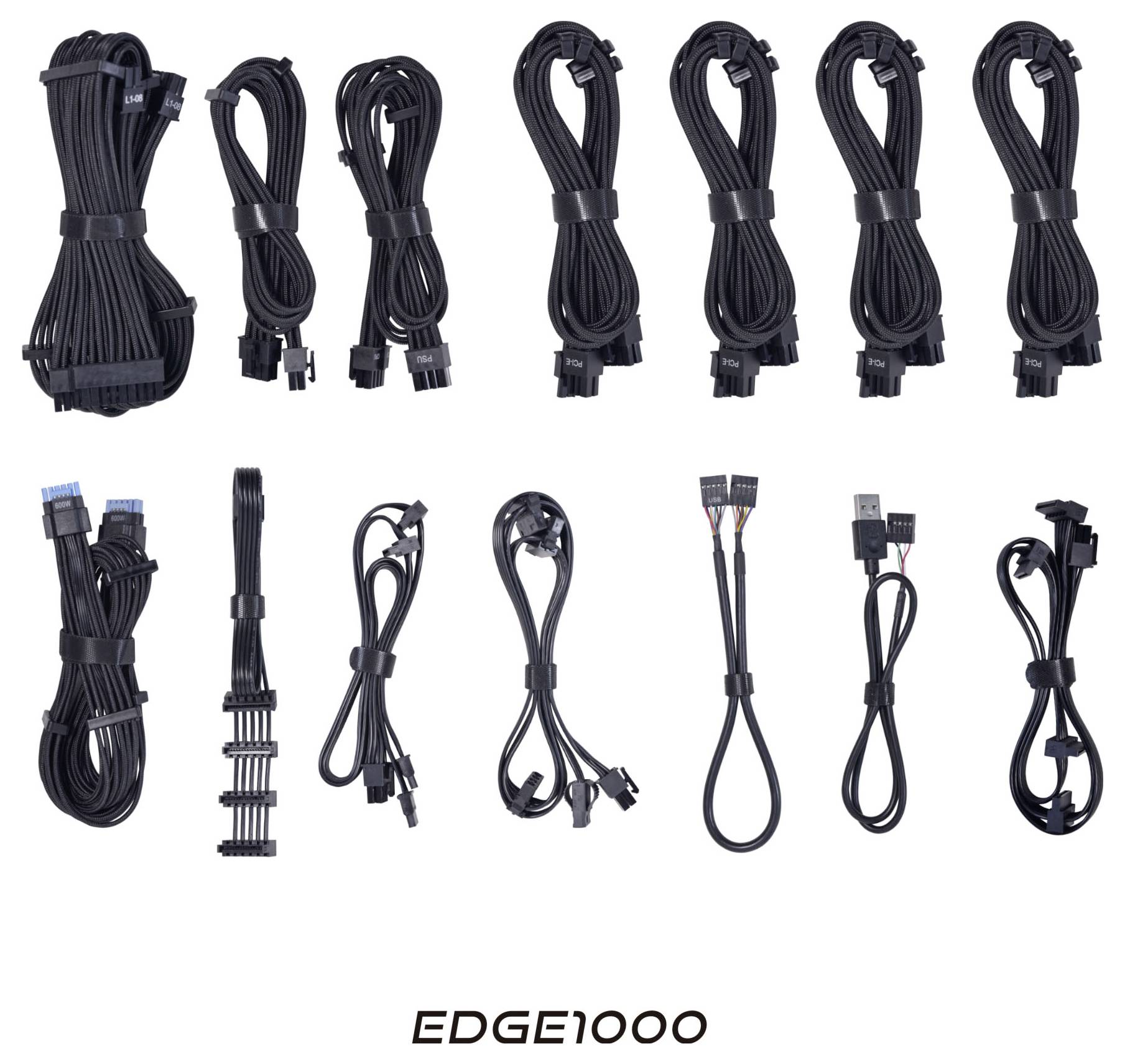 Różne czarne kable komputerowe są ułożone w dwóch rzędach. Tekst u dołu brzmi 'EDGE1000'.
